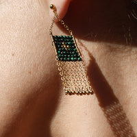 Gold earring with green gemstones worn by a person