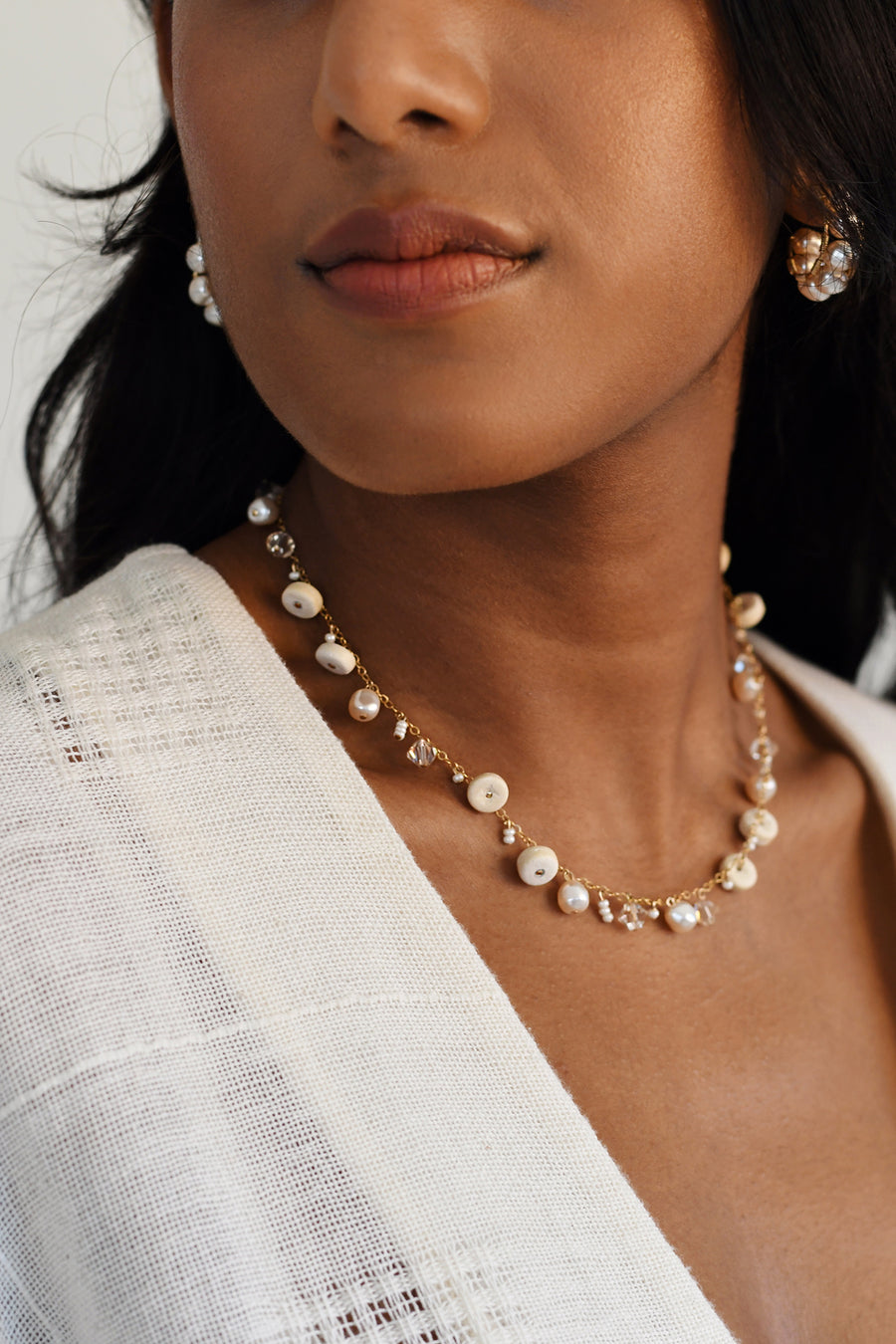 Pearl Necklace & Hoops Earring Set