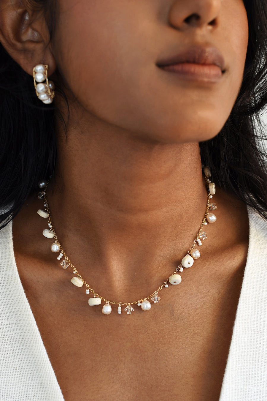 Pearl Necklace & Hoops Earring Set