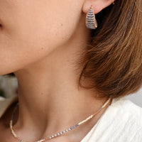 Close-up of a person wearing a necklace and earrings with a blurred background