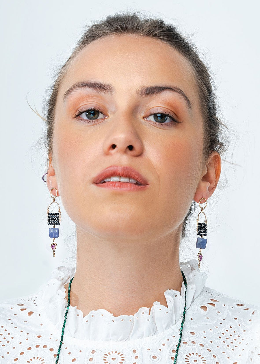 Tiered Arched Gemstone Pendant Earrings With Tanzanite - BLUE SAPPHIRE/ RUBY/TANZANITE/GOLD