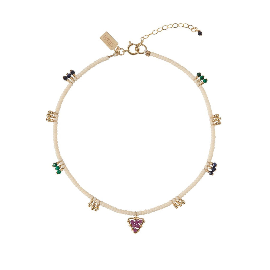 Beaded Anklet With Gemstone Blocks And Triangle - BLUE SAPPHIRE/MALACHITE/RUBY