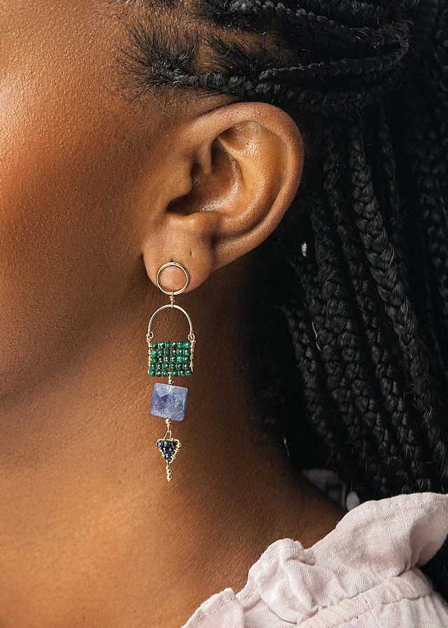 Tiered Arched Gemstone Pendant Earrings With Tanzanite- MALACHITE/BLUE SAPPHIRE/TANZANITE/GOLD