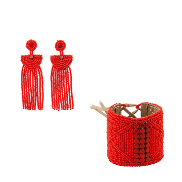 Sipolio Leather Bracelet Cuff & Kifungo Tassel Earrings - RED