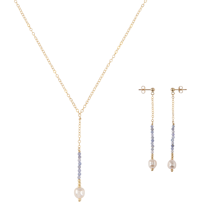 Tanzanite & Pearl Long Drop Necklace & Earring Set