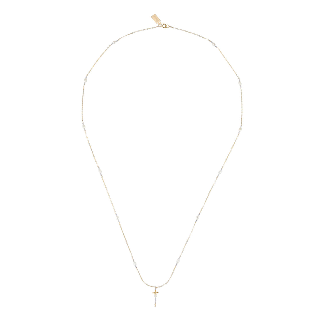 Long Multi Pearl And Tanzanite Cross Pendant Chain Necklace - LAVENDER TANZANITE/PEARL/GOLD