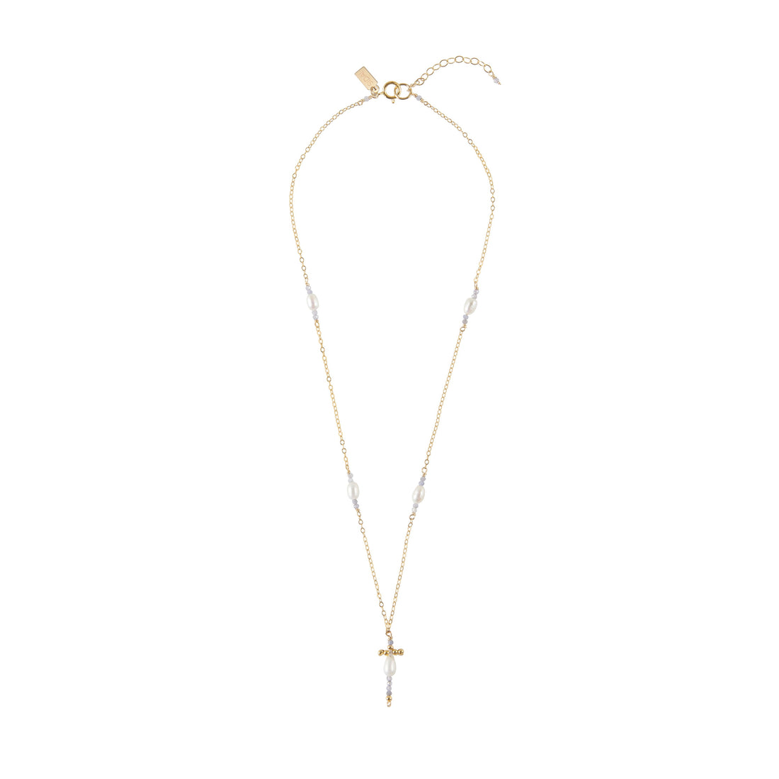 Short Multi Pearl And Tanzanite Cross Pendant Chain Necklace - LAVENDER TANZANITE/PEARL/GOLD