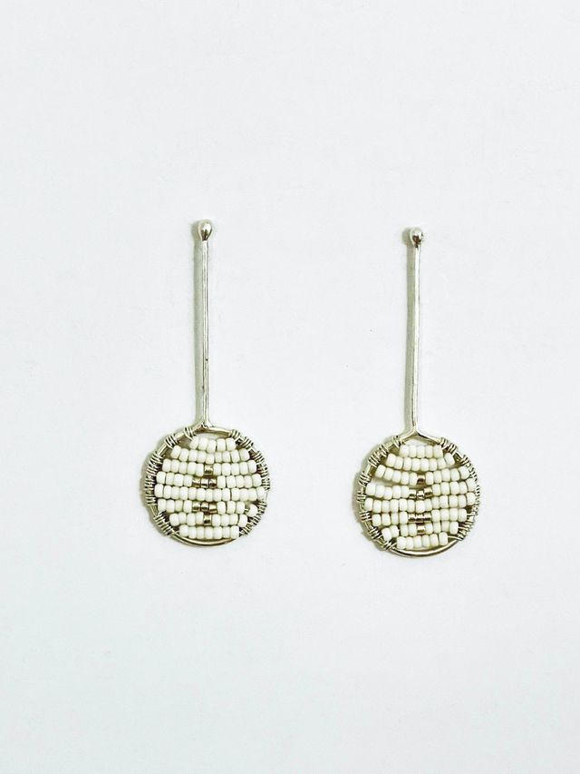 Long Drop Beaded Disk Earrings - SILVER/OFF WHITE