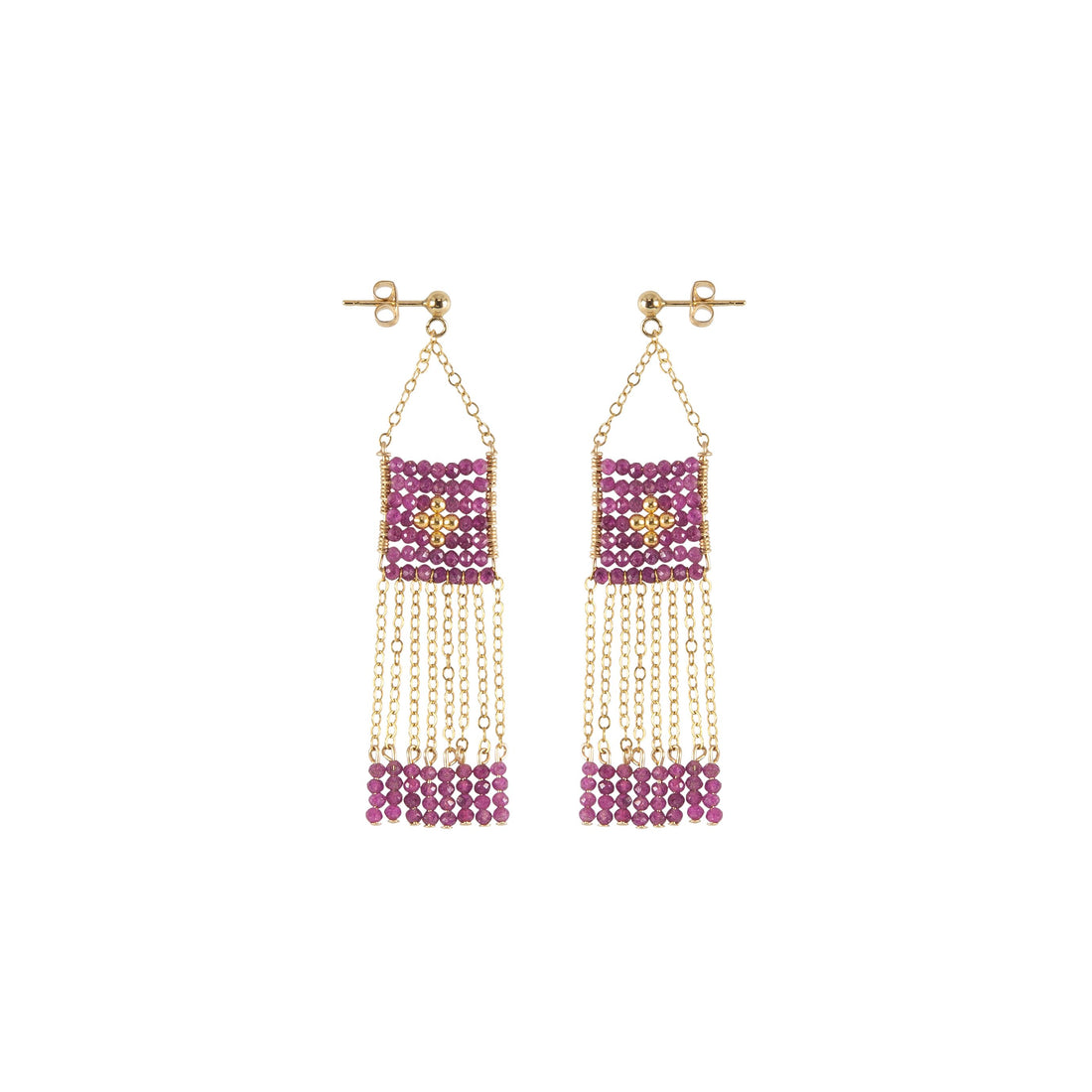 Ruby Pendant Earrings With Chain And Bars - RUBY/GOLD