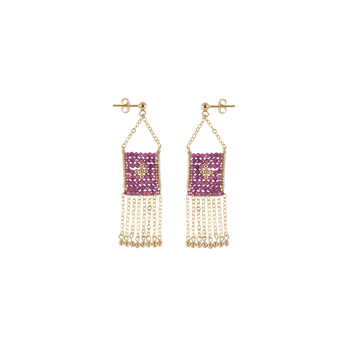 Ruby Pendant Earrings With Chain And Gold Beads - RUBY/GOLD