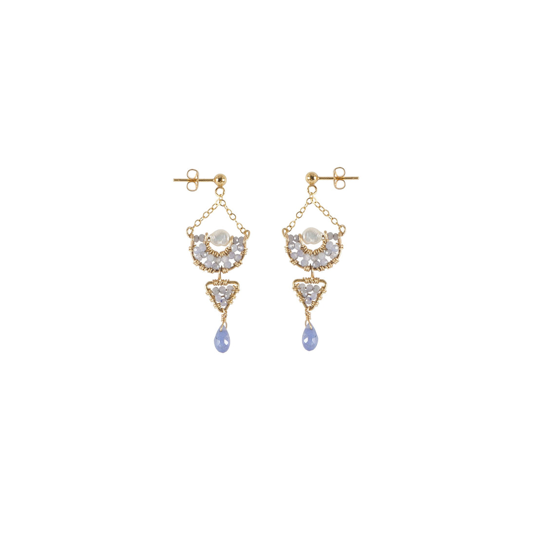 Half-Moon With Triangle Tanzanite Earrings - LAVENDER TANZANITE/PEARL/GOLD