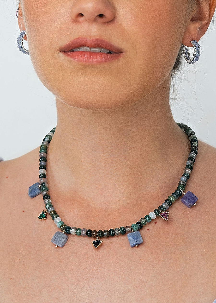 Agate Necklace With Tanzanite And Gemstone Triangles - AGATE GREEN/BLUE SAPPHIRE/MALACHITE/ RUBY/TANZANITE/GOLD