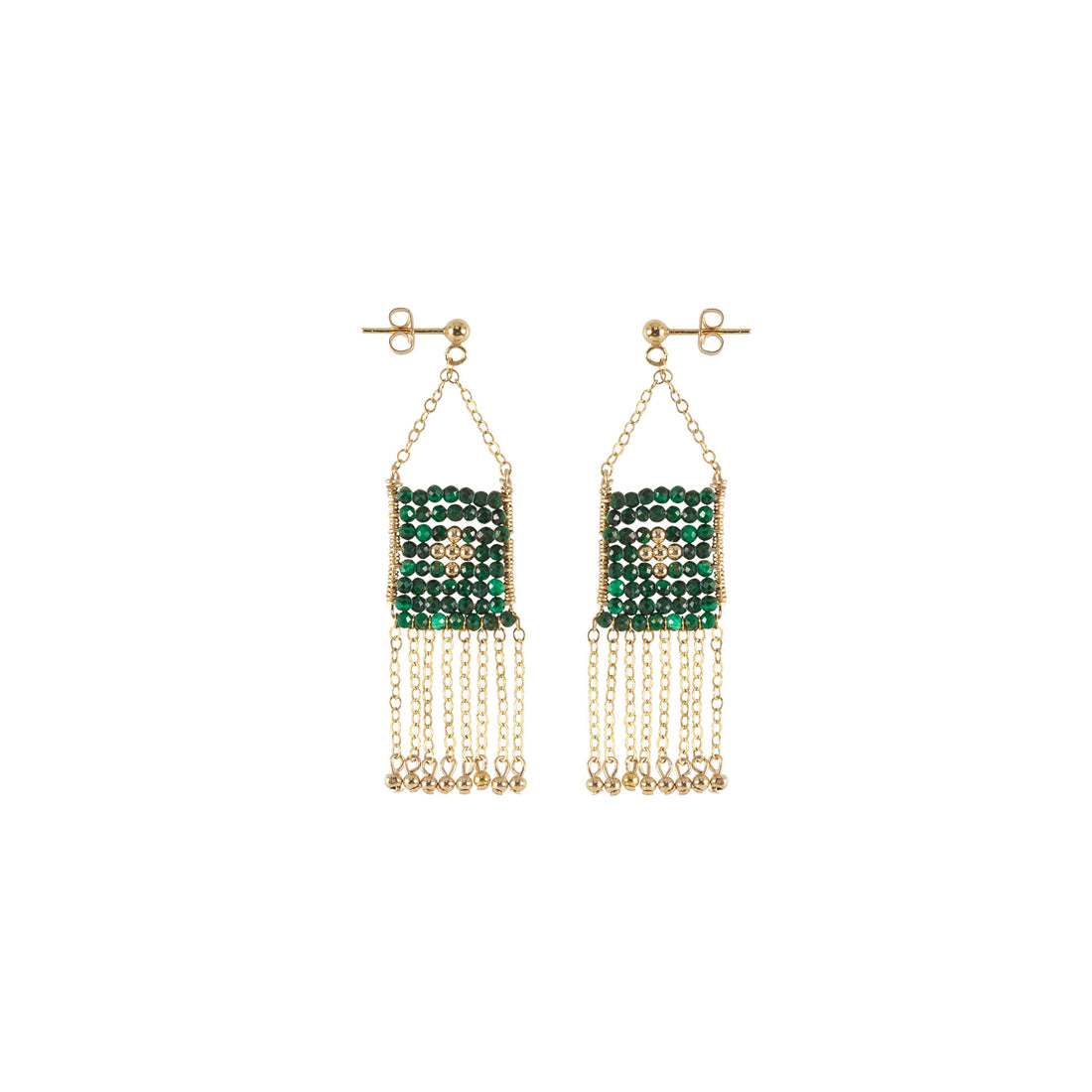 Malachite Pendant Earrings With Chain And Gold Beads - MALACHITE/GOLD