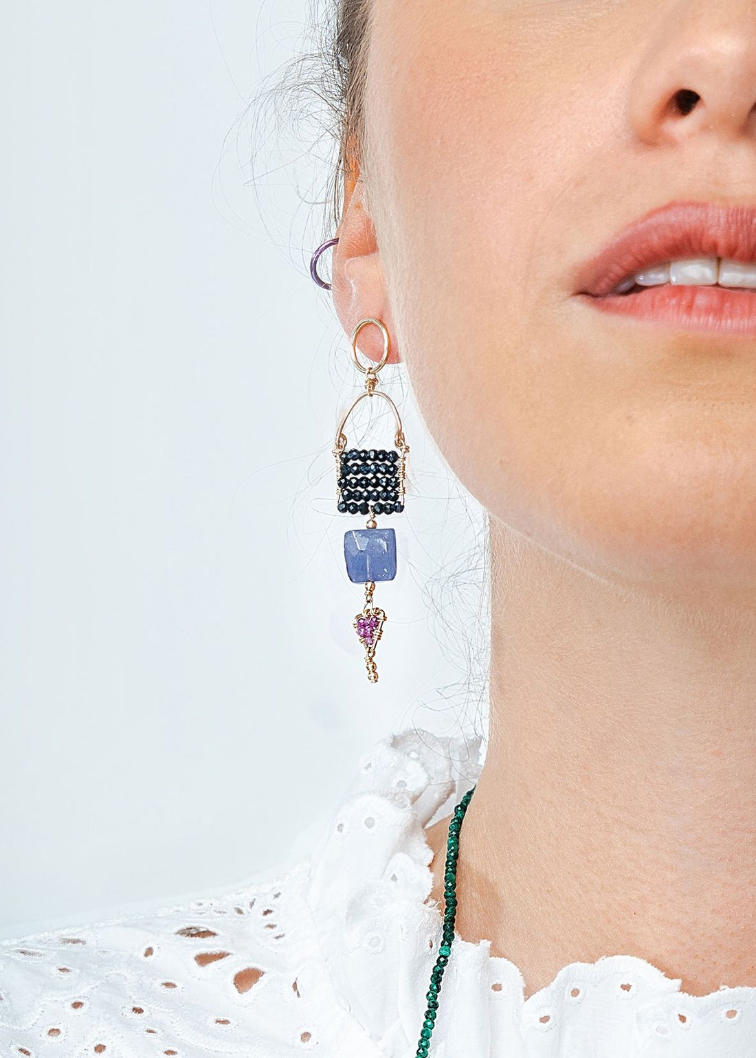 Tiered Arched Gemstone Pendant Earrings With Tanzanite - BLUE SAPPHIRE/ RUBY/TANZANITE/GOLD