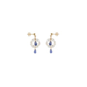 Pearl And Tanzanite Flower Earrings - LAVENDER TANZANITE/PEARL/GOLD