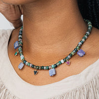 Agate Necklace With Tanzanite And Gemstone Triangles - AGATE GREEN/BLUE SAPPHIRE/MALACHITE/ RUBY/TANZANITE/GOLD