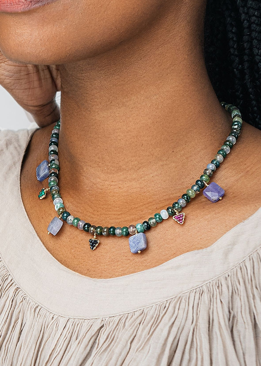 Agate Necklace With Tanzanite And Gemstone Triangles - AGATE GREEN/BLUE SAPPHIRE/MALACHITE/ RUBY/TANZANITE/GOLD