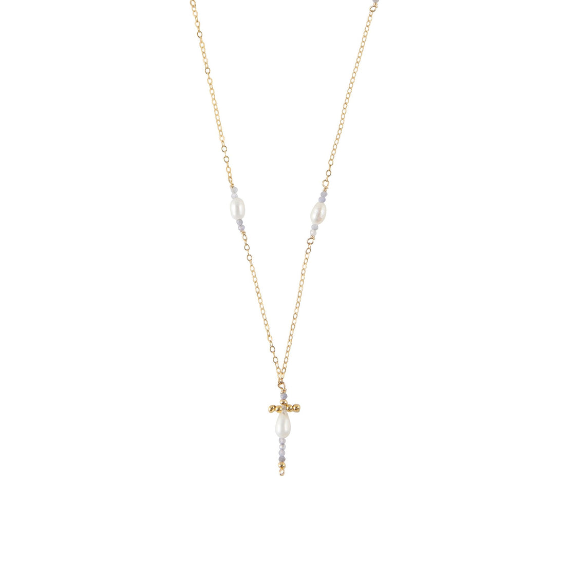 Short Multi Pearl And Tanzanite Cross Pendant Chain Necklace - LAVENDER TANZANITE/PEARL/GOLD