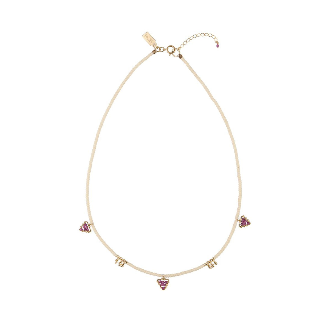 Beaded Necklace With Gold Blocks And 3 Gemstone Triangles - PINK/RUBY/GOLD