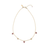 Beaded Necklace With Gold Blocks And 3 Gemstone Triangles - PINK/RUBY/GOLD