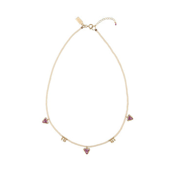 Beaded Necklace With Gold Blocks And 3 Gemstone Triangles - PINK/RUBY/GOLD