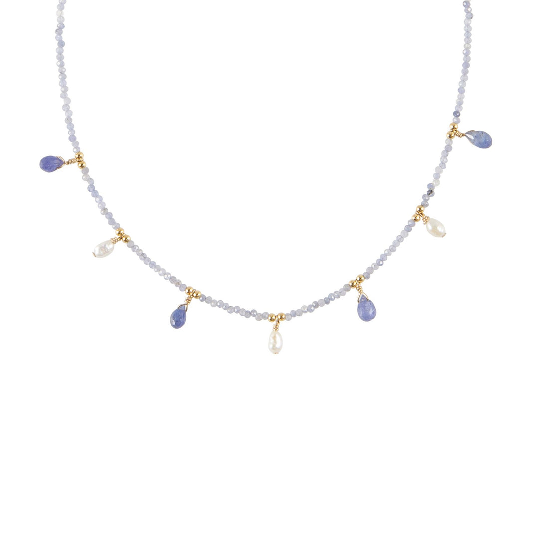 Tanzanite Necklace With Tanzanite And Pearl Drops - LAVENDER TANZANITE/PEARL/GOLD