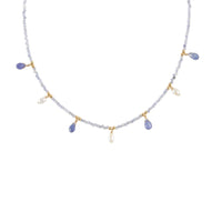 Tanzanite Necklace With Tanzanite And Pearl Drops - LAVENDER TANZANITE/PEARL/GOLD