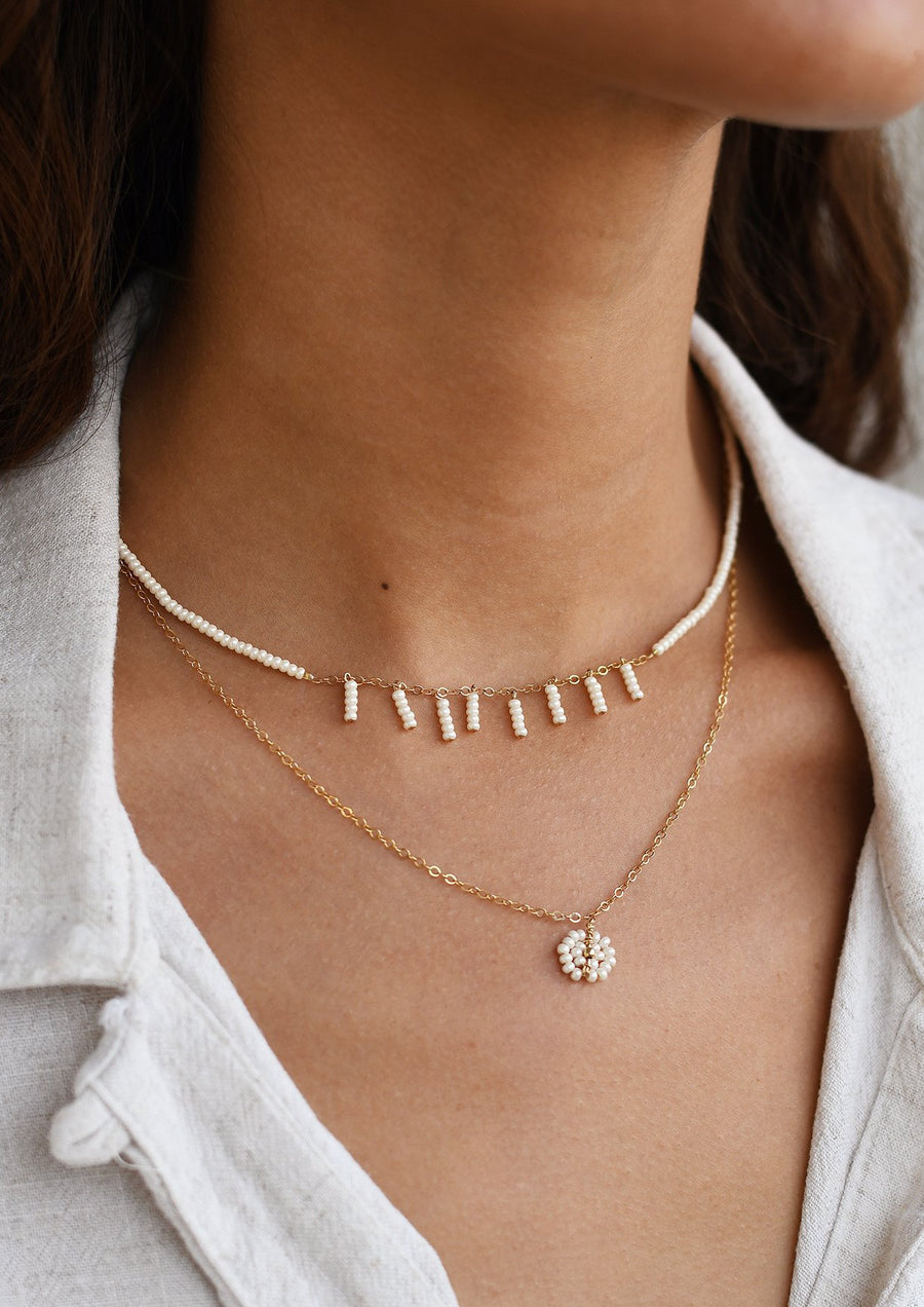 Layered Necklace With Bars and Disk - PEARL