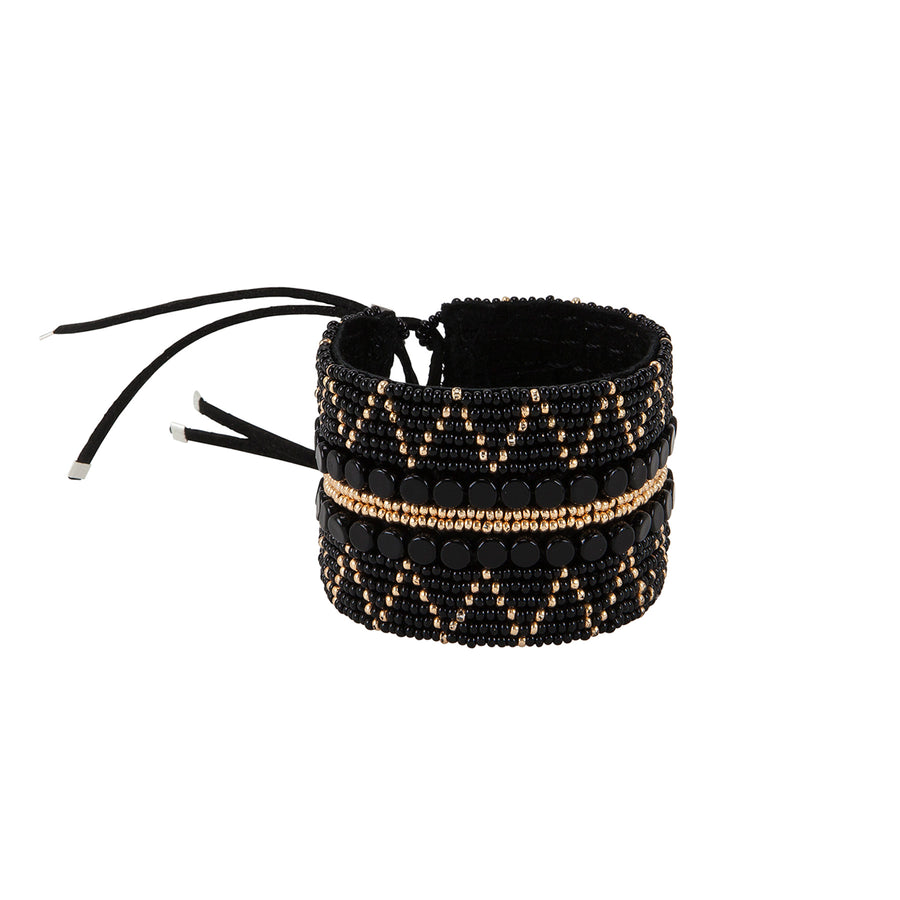 Wide Zigzag Leather Bracelet - BLACK/GOLD