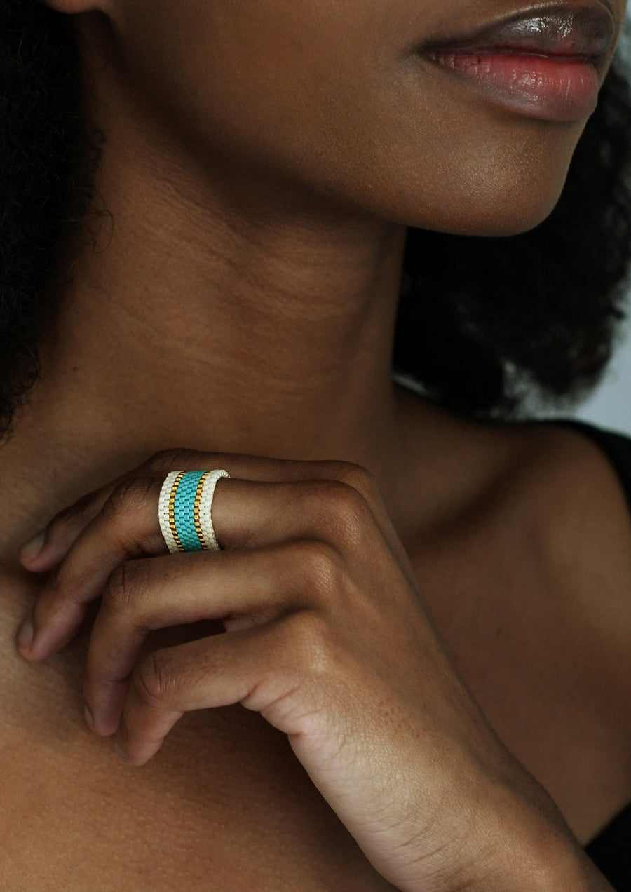 Wide Woven Ring - TURQUOISE/CREAM