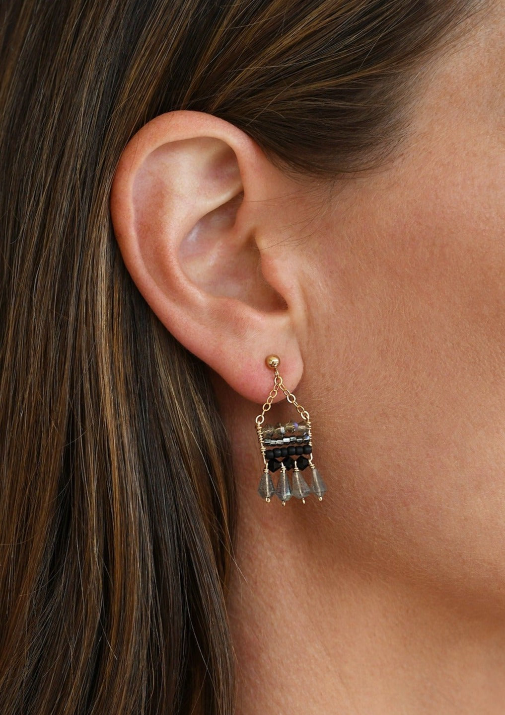 Semi Precious XS Beaded Pendant Earrings With Teardrops - SHINY GRAPHITE/BLACK/TRANSLUCENT GREY