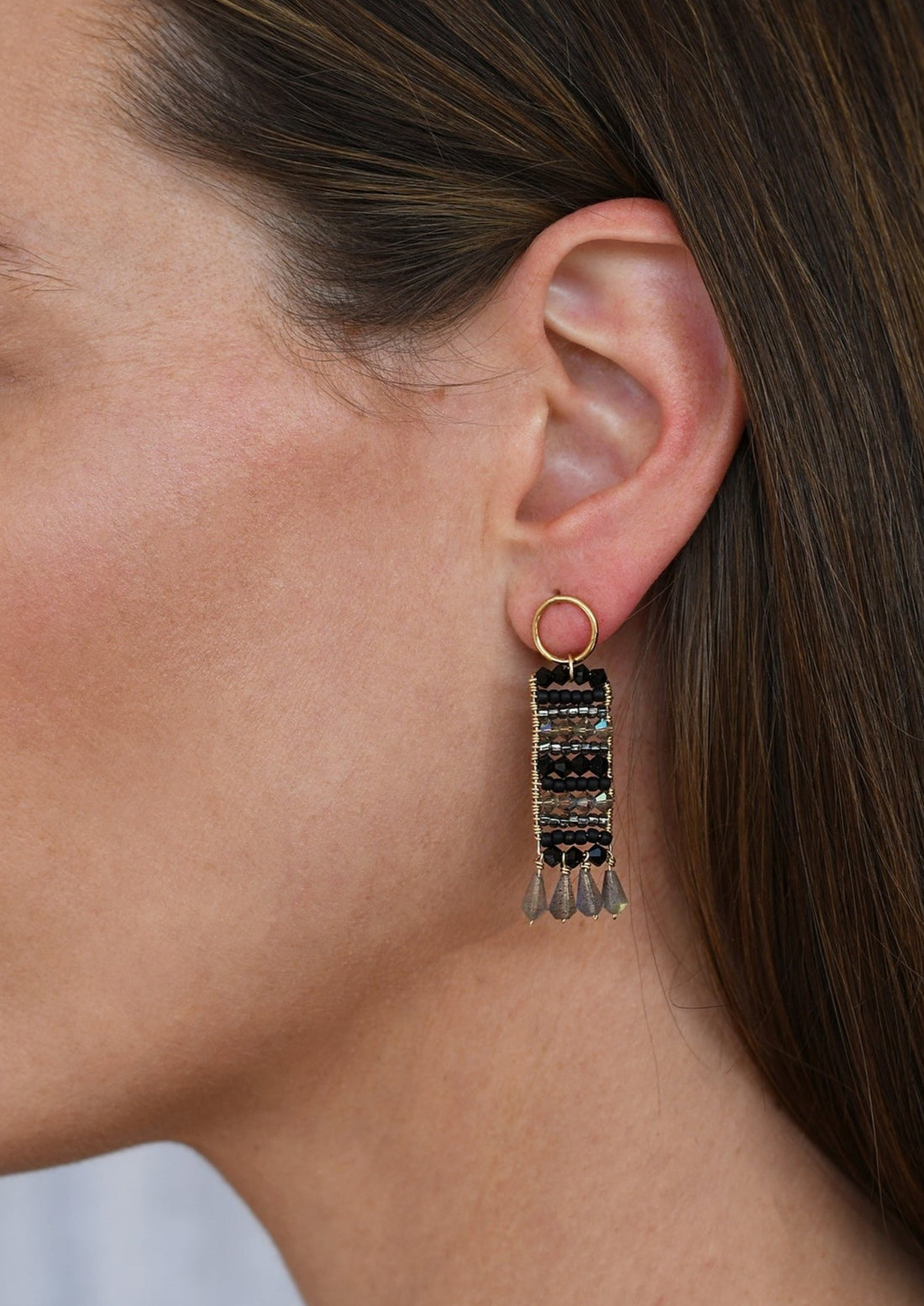 Semi Precious Beaded Pendant Earrings With Teardrops - SHINY GRAPHITE/BLACK/TRANSLUCENT GREY