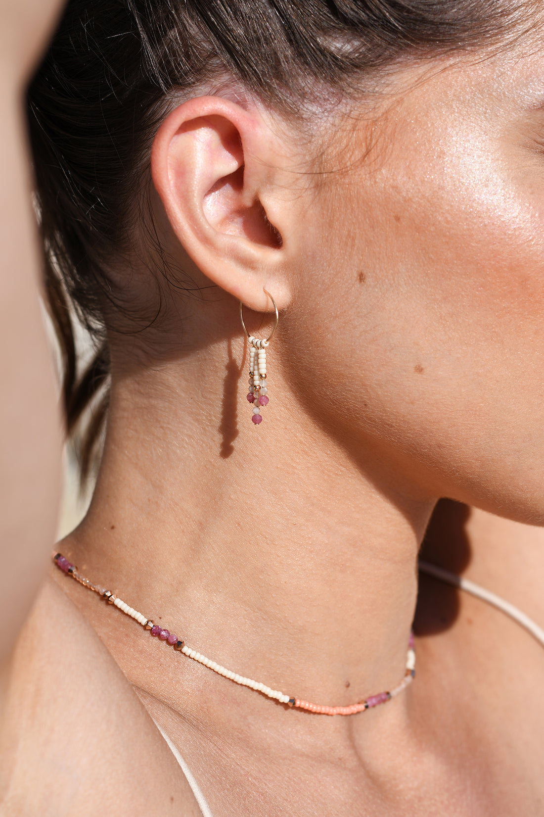 Semi Precious XS Hoops With Beaded Bars - MIXED PINKS/GOLD