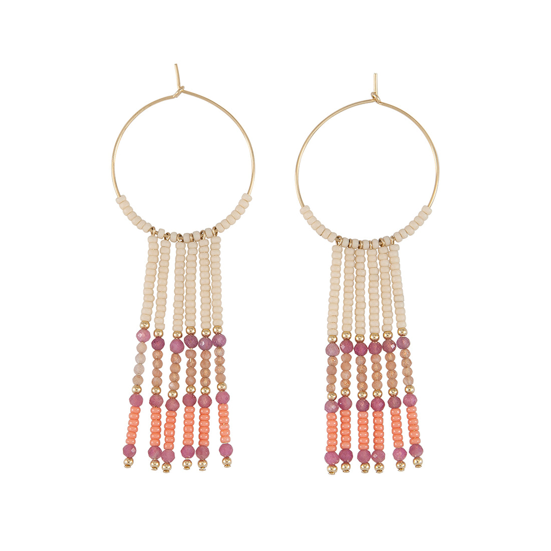 Semi Precious Small Hoops With Beaded Bars - MIXED PINKS/GOLD